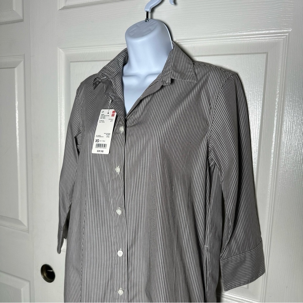 Uniqlo Women’s XSmall Brown Shirt Dress Oversize 100% Cotton Pinstripe Office - Picture 6 of 14